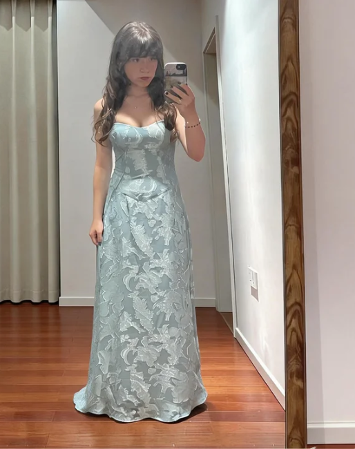 Vintage Light Blue A-Line Jacquard Satin Long Prom Gown Birthday Dress cc5535