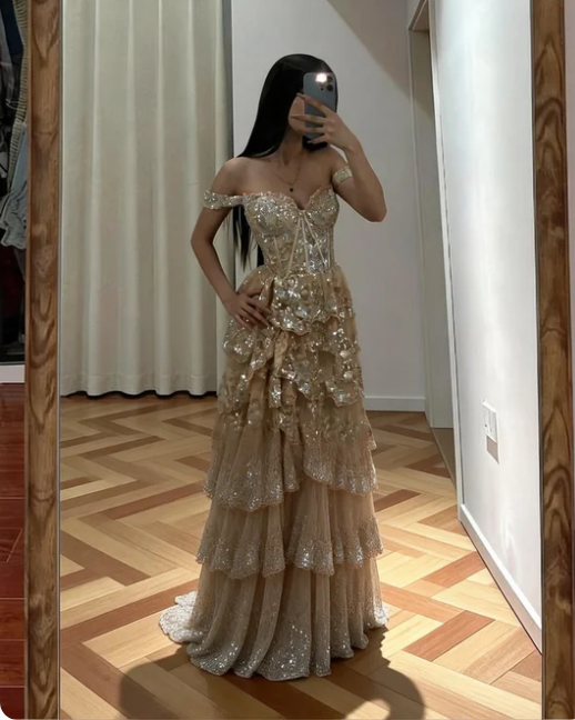 Gorgeous Champagne Gold Off-the-Shoulder A-Line Sequin Layered Tulle Train Prom Dress Evening Dress cc5541