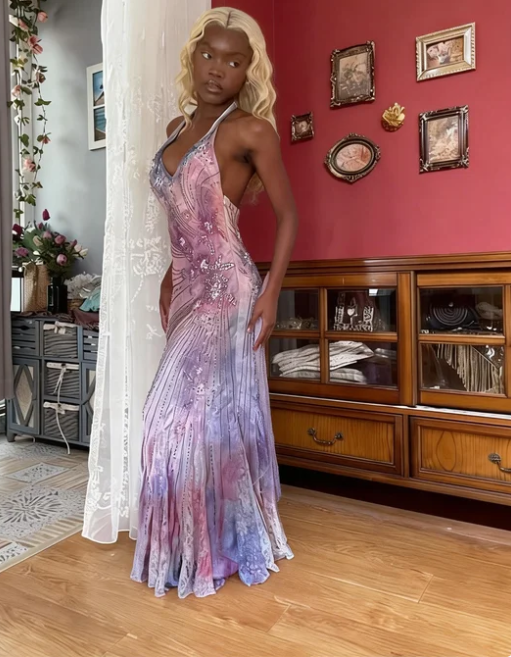 Dreamy Pink Purple Gradient Halter Beaded Chiffon Long Prom Dress cc5604