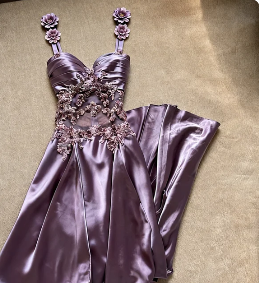 Dreamy Purple Spaghetti Strap 3D Floral Lace Satin Long Prom Dress Evening Dress cc5625