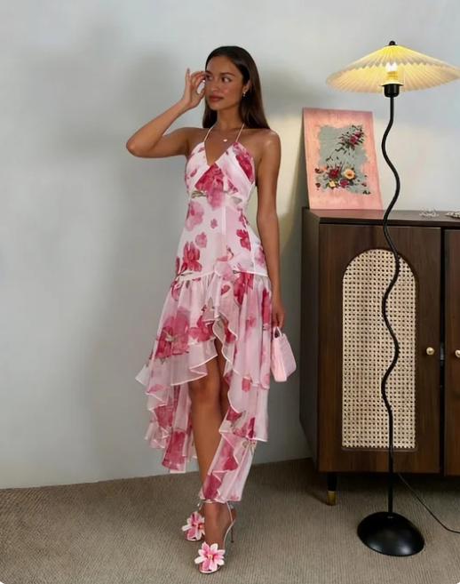 Beautiful Pink Print Irregular Layered Ruffle Chiffon Prom Dress cc5628