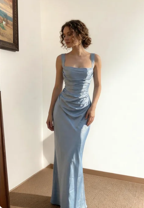 Simple Blue Square Neck Spaghetti Strap Mermaid Satin Long Prom Dress Evening Dress cc5641