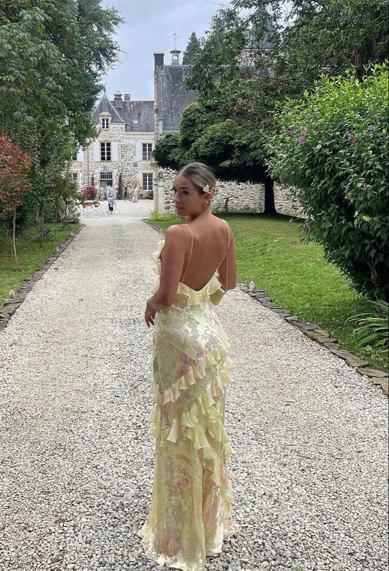 Charming Floral V-neck Spaghetti Strap Ruffle Mermaid Long Prom Dress Party Dress Evening Dress HZ1024