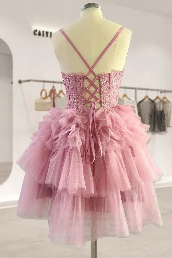 Fashion Pink Lace Ruffled Hem Design Homecoming Dresses Tiered Mini Party Dress HZ1024