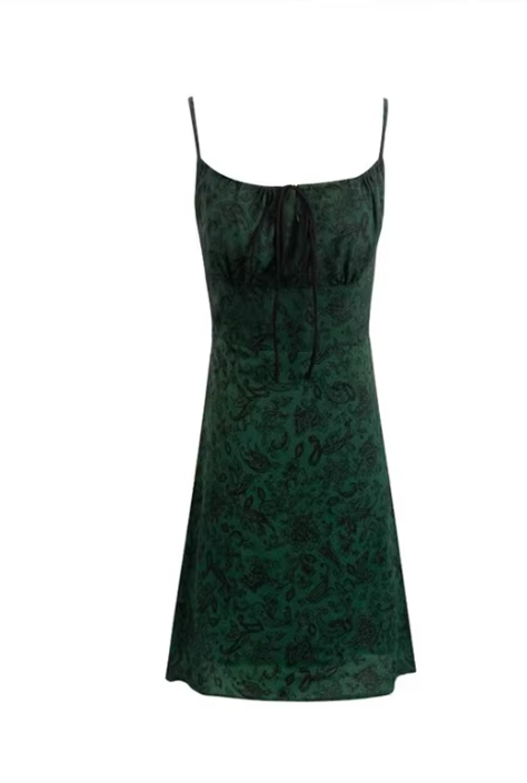 French-style dark green retro floral print sundress for women, with a tie at the chest, slimming and waist-cinching design, perfect for vacation. 11357