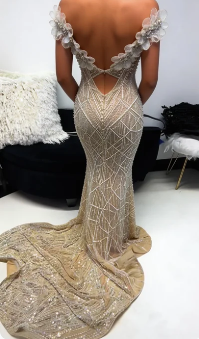 Luxurious Champagne Gold Strapless 3D Floral Beaded Sequin Tulle Train Long Prom Dress Evening Dress cc5576
