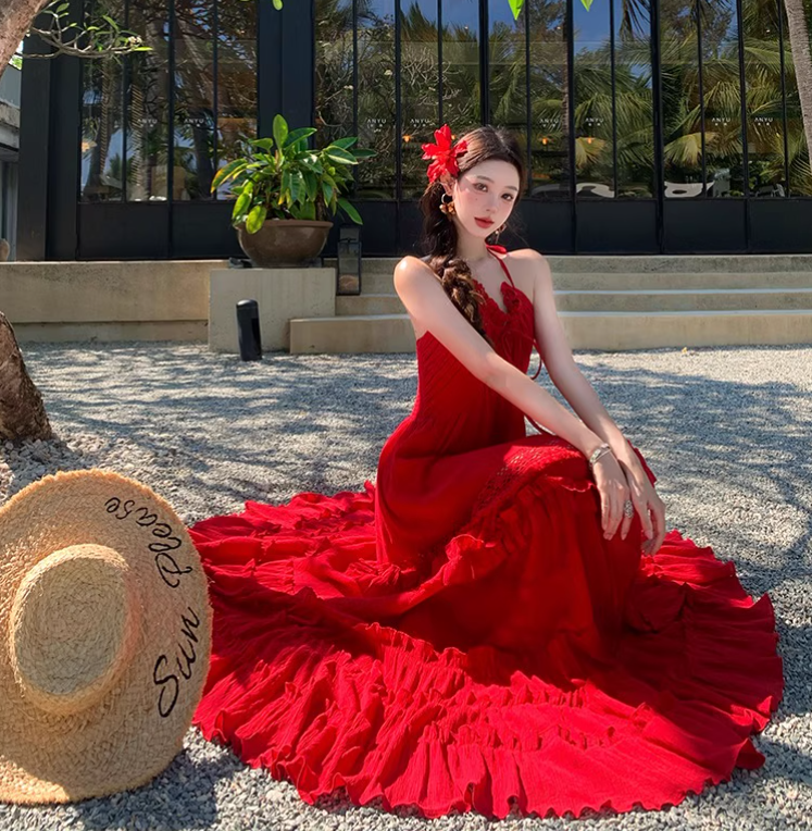 Vintage Burgundy V-neck Design Elegant Beach Holiday A-Line Sleeveless Halter Dress Summer Dress Party Dress HZ1024