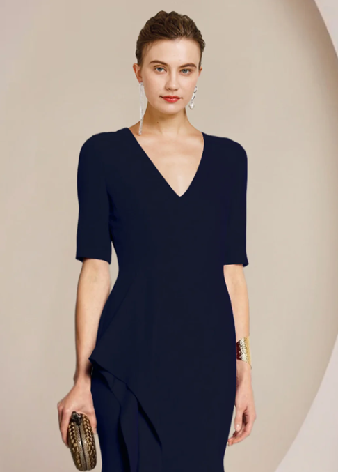 Elegant Navy Blue Sheath V-neck Mother of Bride Dress Slit Evening Gown Long Formal Dress HZ1024