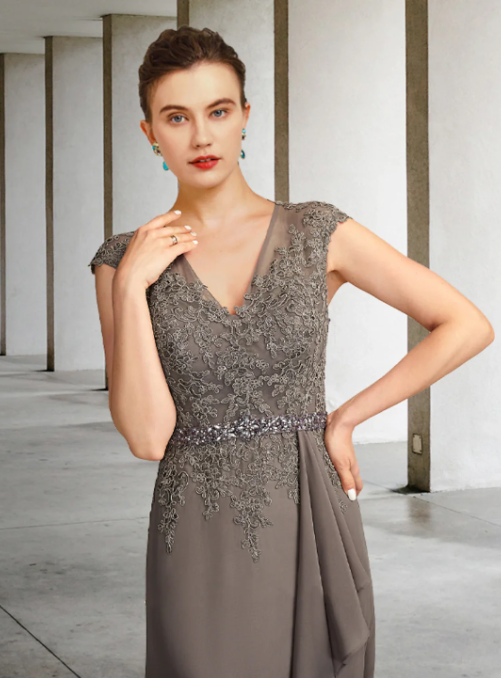 Vintage V-neck Chiffon Applique Mother of Bride Dress Cap Sleeve Evening Gown Floor Length Formal Dress HZ1024