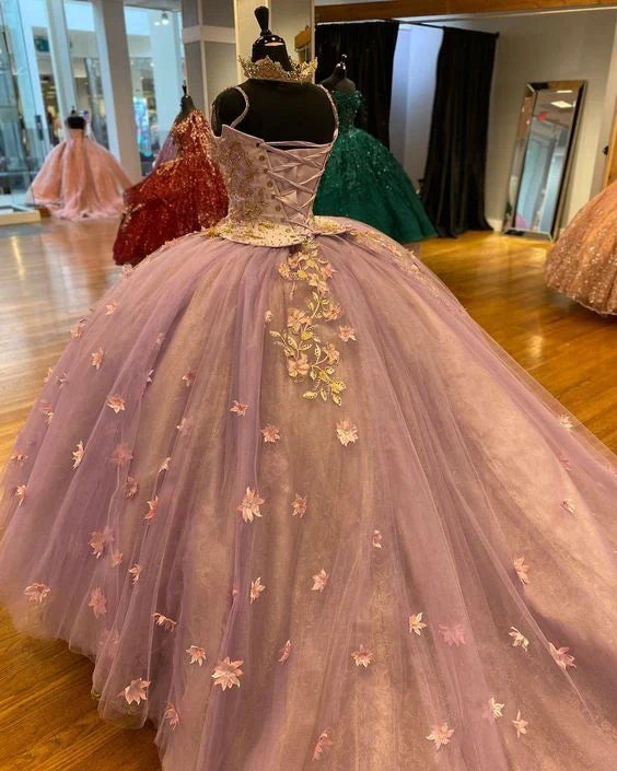 Elegant Applique Beaded Spaghetti Strap Sweet 16 Quinceanera A-Line Tulle Floor-length Prom Dress Birthday Dress Evening Dress Ball Gown HZ1024