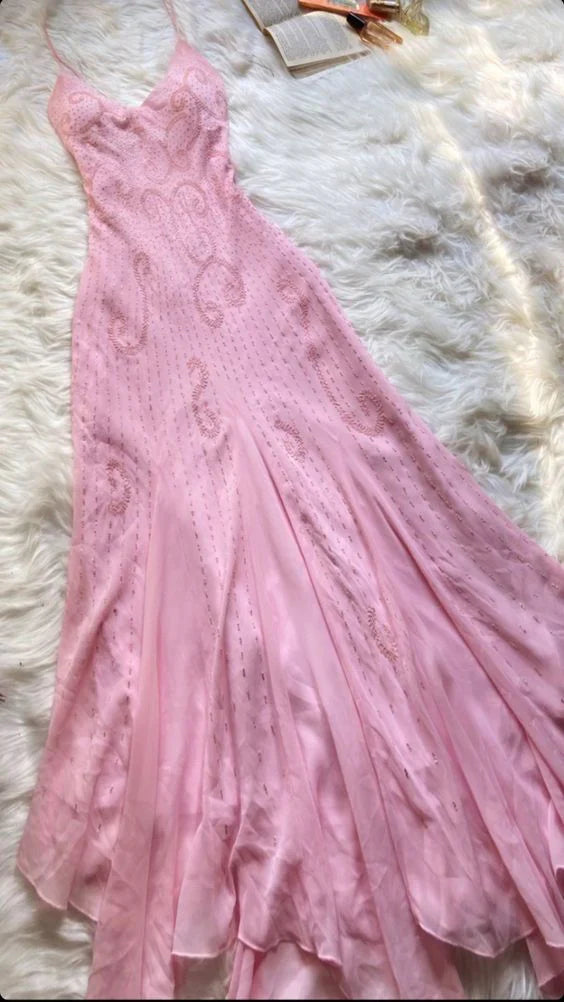 Pink spaghetti strap beaded A-line long elegant ball gown evening dress party dress gh2927