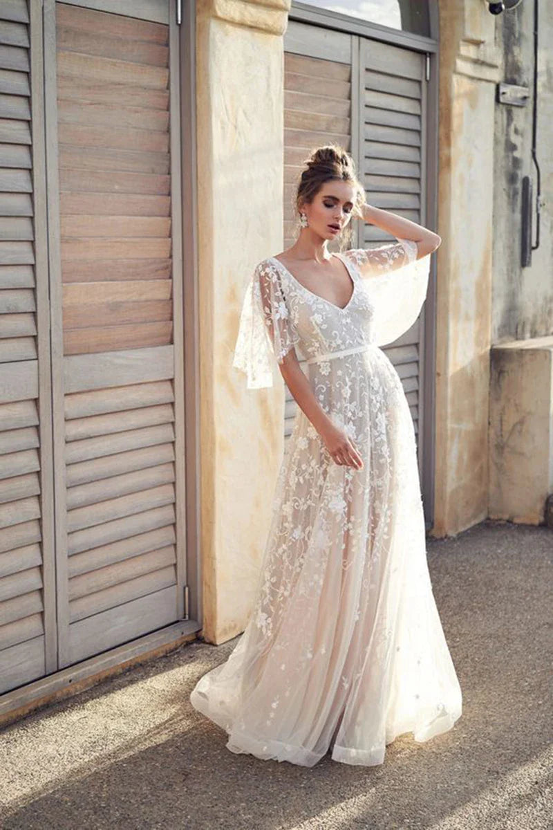 Elegant Women White Lace Wedding Dresses Flare Sleeves Mermaid Gown
