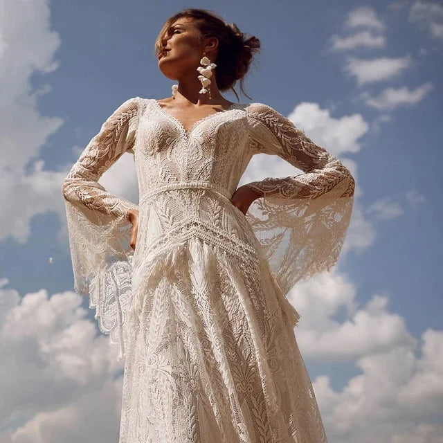LISER Bohemian Style Long Sleeved Deep V Beach Wedding Dress