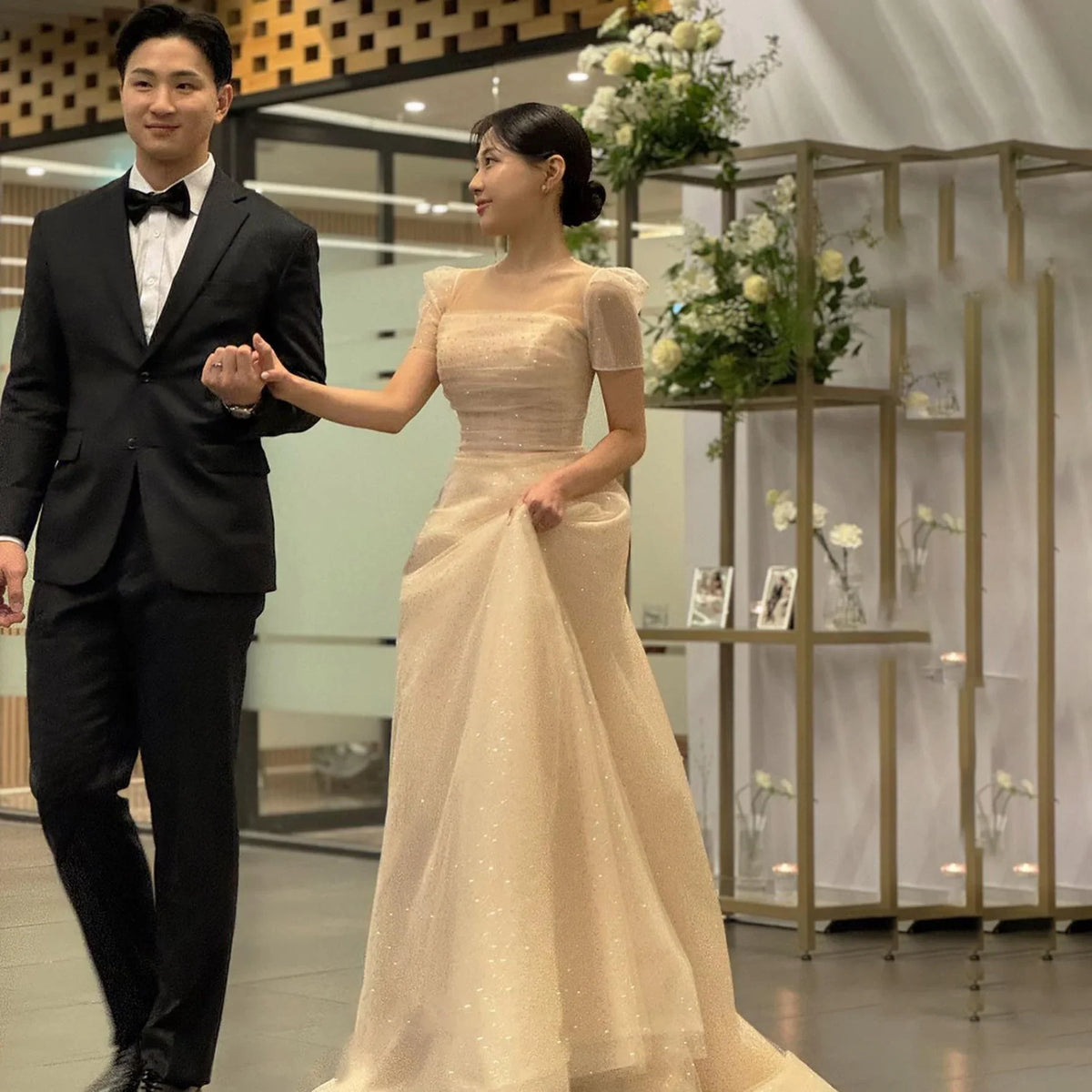 Square Collar Customized Wedding Dresses Floor Length Elegant Gowns