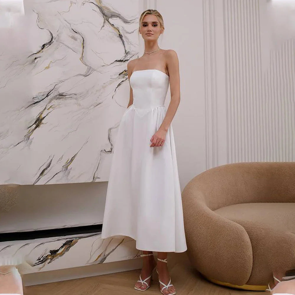 Simple Strapless Tea Length Satin A Line Wedding Dress Custom Made Bridal Gown
