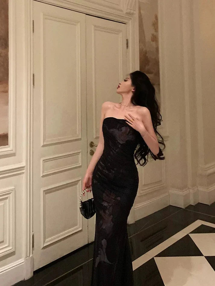 Vintage Black Strapless Floral Applique Design Elegant Sheath Evening Dress Prom Dress HZ1024