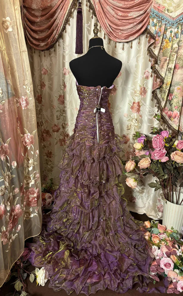 Purple & Brown Gradient Bandeau Layered Dress: Sequin Decoration, Waist-cinched Mermaid, Retro Banquet Heavy-duty Maxi Dress gh6589