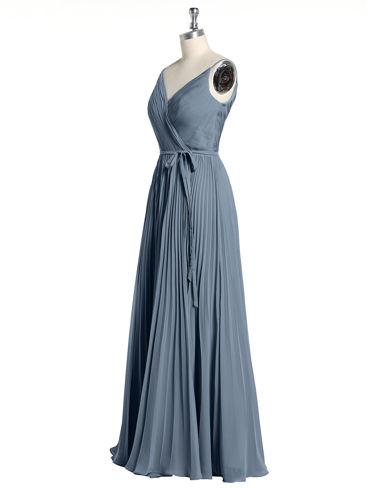 V-neck Full Pleated Skirt Dresses with Bow Sash-Dusty Blue