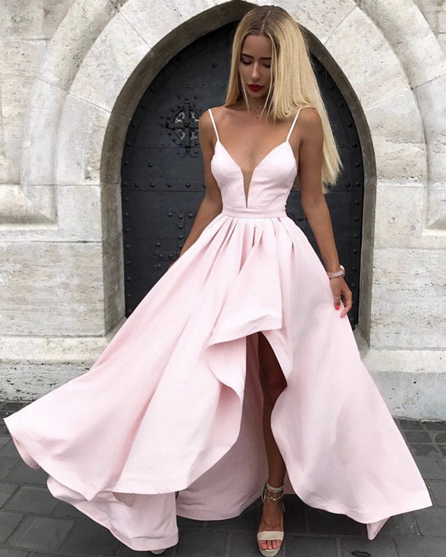 Spaghetti Straps V-neck Prom Dresses Front Short Long Back