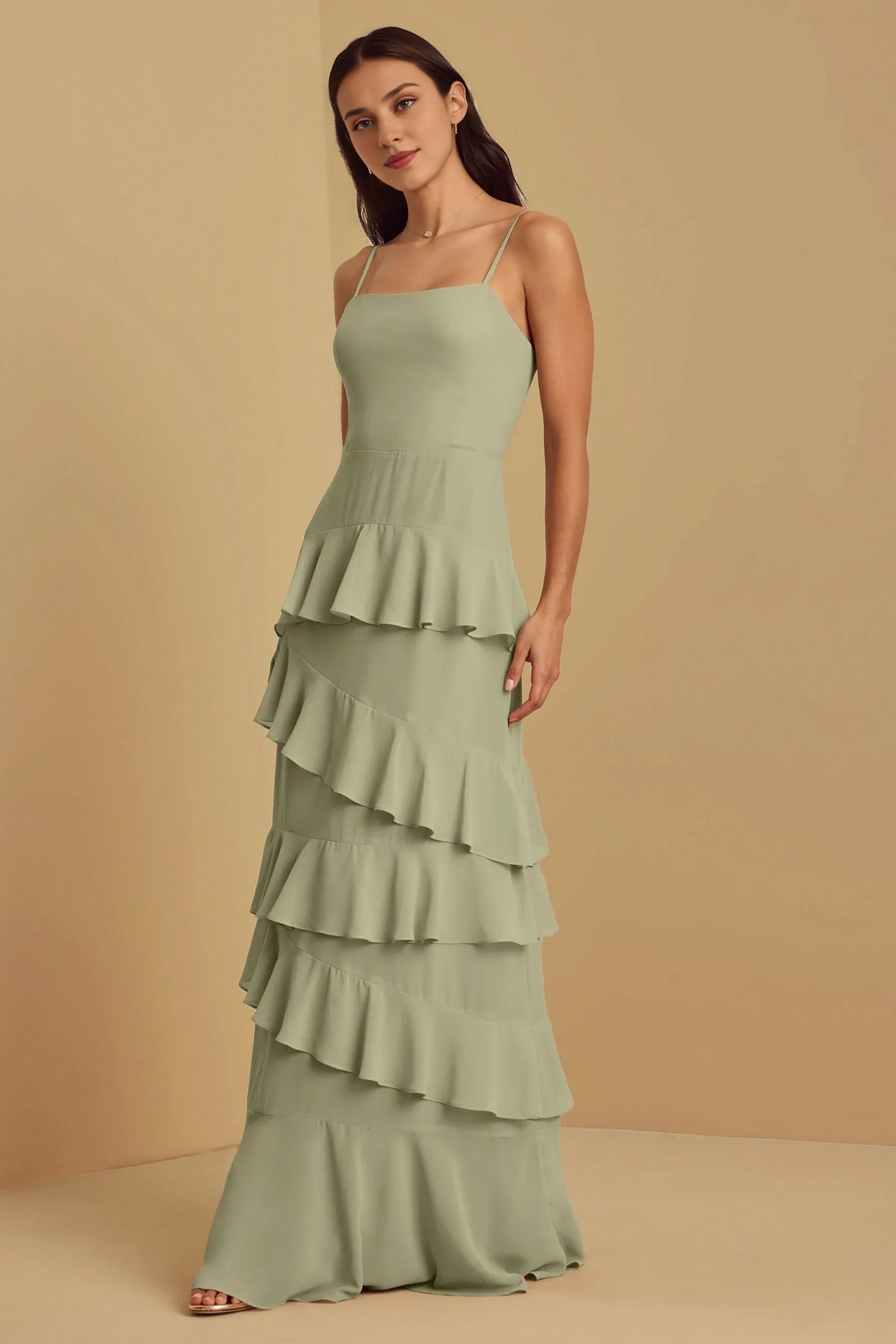 Weitese Formal Wear Dresses Sleeveless Chiffon Spaghetti Straps Floor Length Bridesmaid Dress Stores With Prom Dresses With Tiered