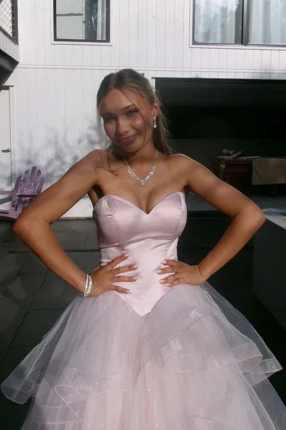 Sweetheart Strapless Satin And Tulle Tiered Party Prom Dresses