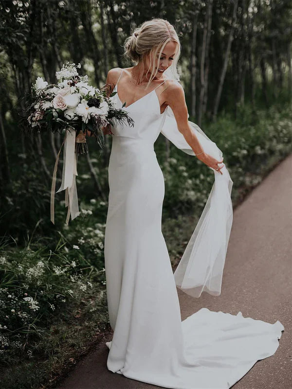 Simple Wedding Dresses Mermaid Spaghetti Straps Long Satin Bridal Gowns Elegant