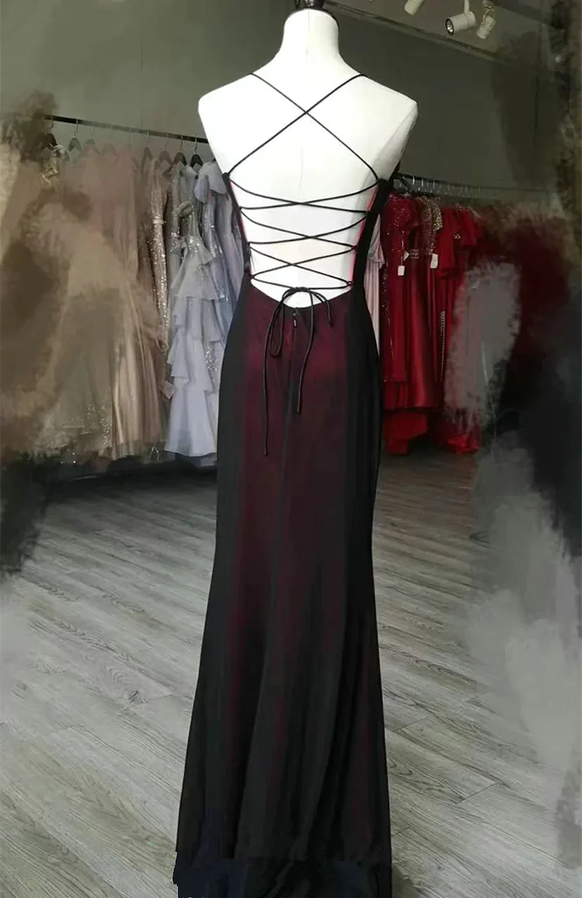 Unique Black and Red Scoop Straps Long Party Dress, Black and Red Evening Dress HZ1024