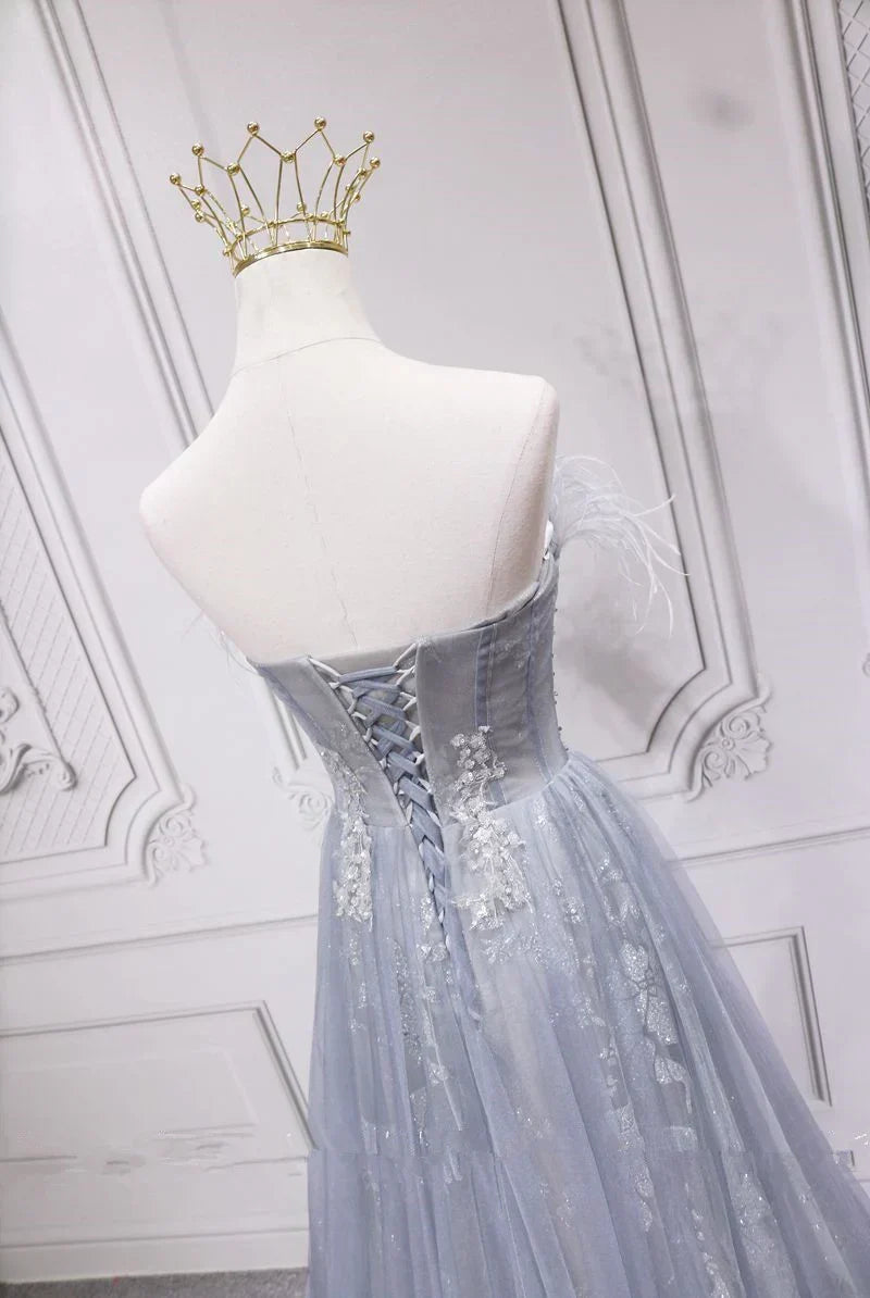 Sliver Grey Tulle with Lace Long Party Dress, Light Grey Bridesmaid Dress HZ1024