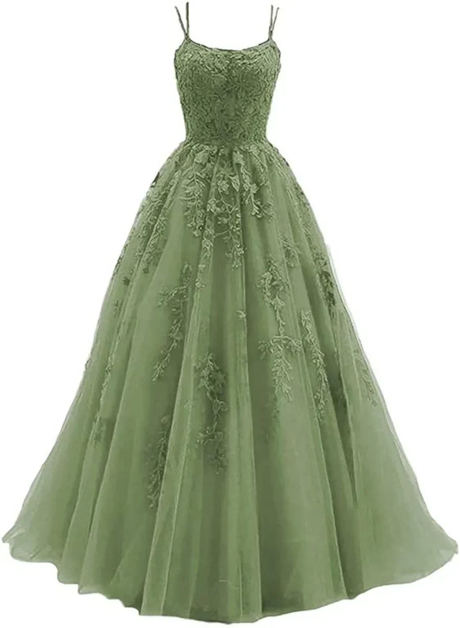 Light Green Straps Tulle Lace-up Long Party Dress, Green Evening Dress Prom Dress HZ1024