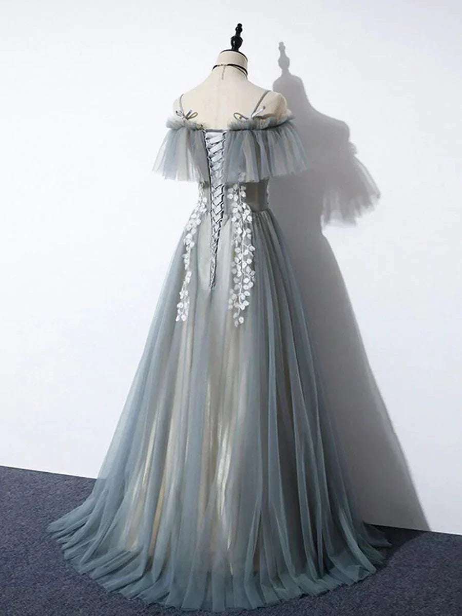 Grey Tulle with White Lace A-line Off Shoulder Party Dress, A-line Grey Evening Dress HZ1024