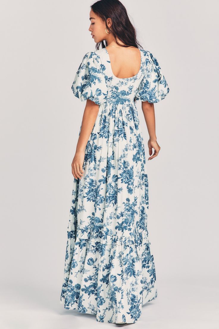 Blue A-line floral puff sleeves short-sleeved floor-length dress HZ1024