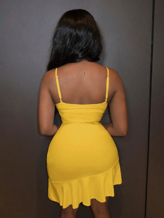 Simple Yellow Mermaid Strap V Neck Ruffle Mini Party Dress Homecoming Dress HZ1024