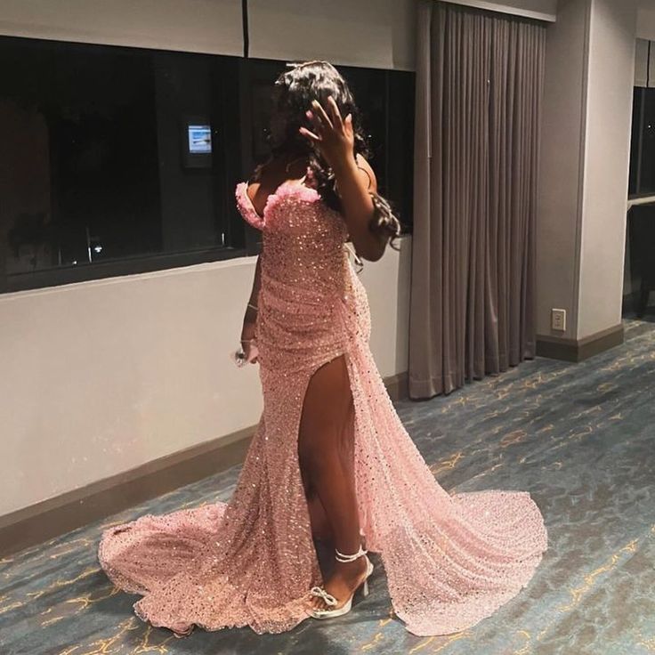 Sexy Pink Low Cut Shoulder Straps Shiny Slit Train Prom Dress Evening Dress HZ1024