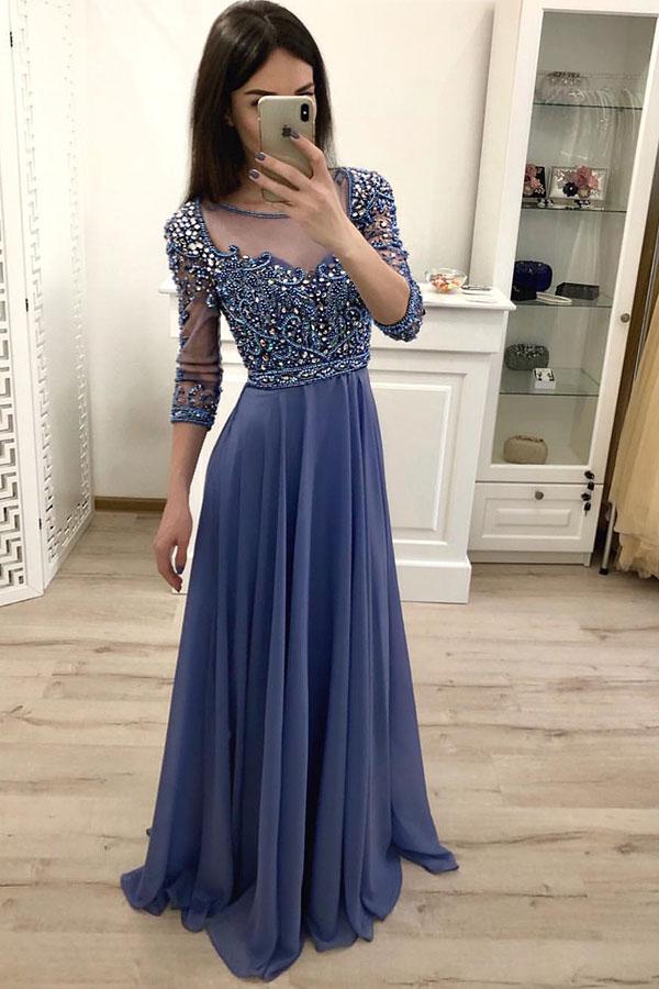 3/4 Sleeves Scoop Neck Chiffon Beading Evening Dresses