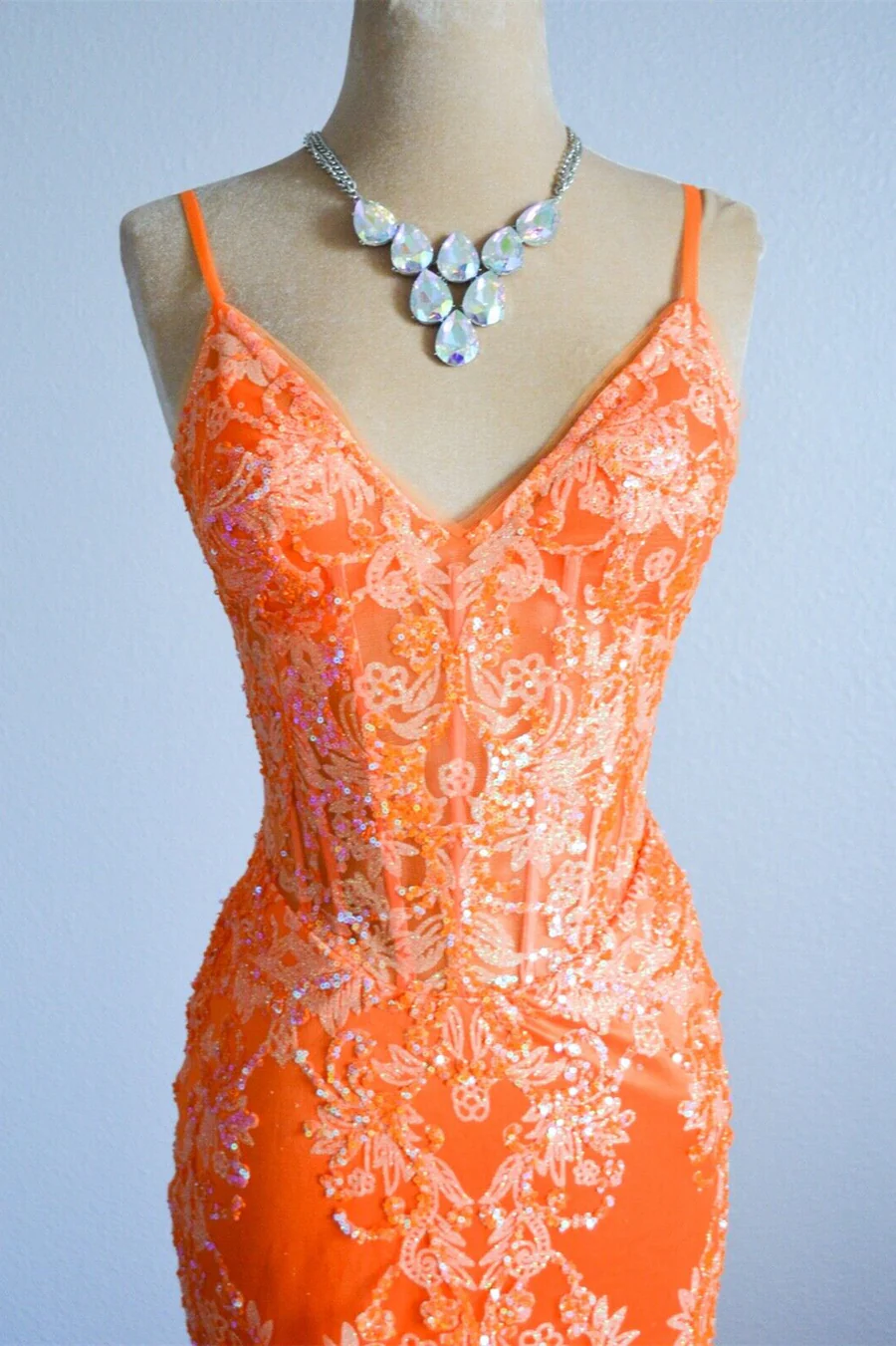 Orange Mermaid Spaghetti Straps Sequins Applique Long Prom Dress cc1002