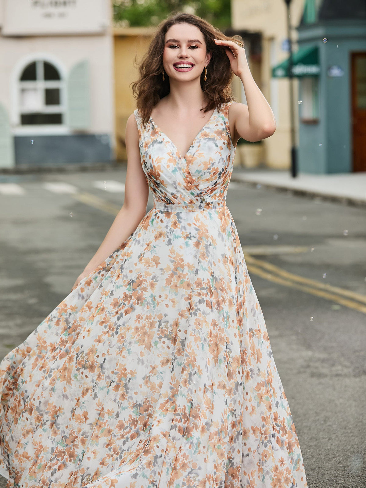 V Neckline Chiffon Bridesmaid Dresses Sunset Floral