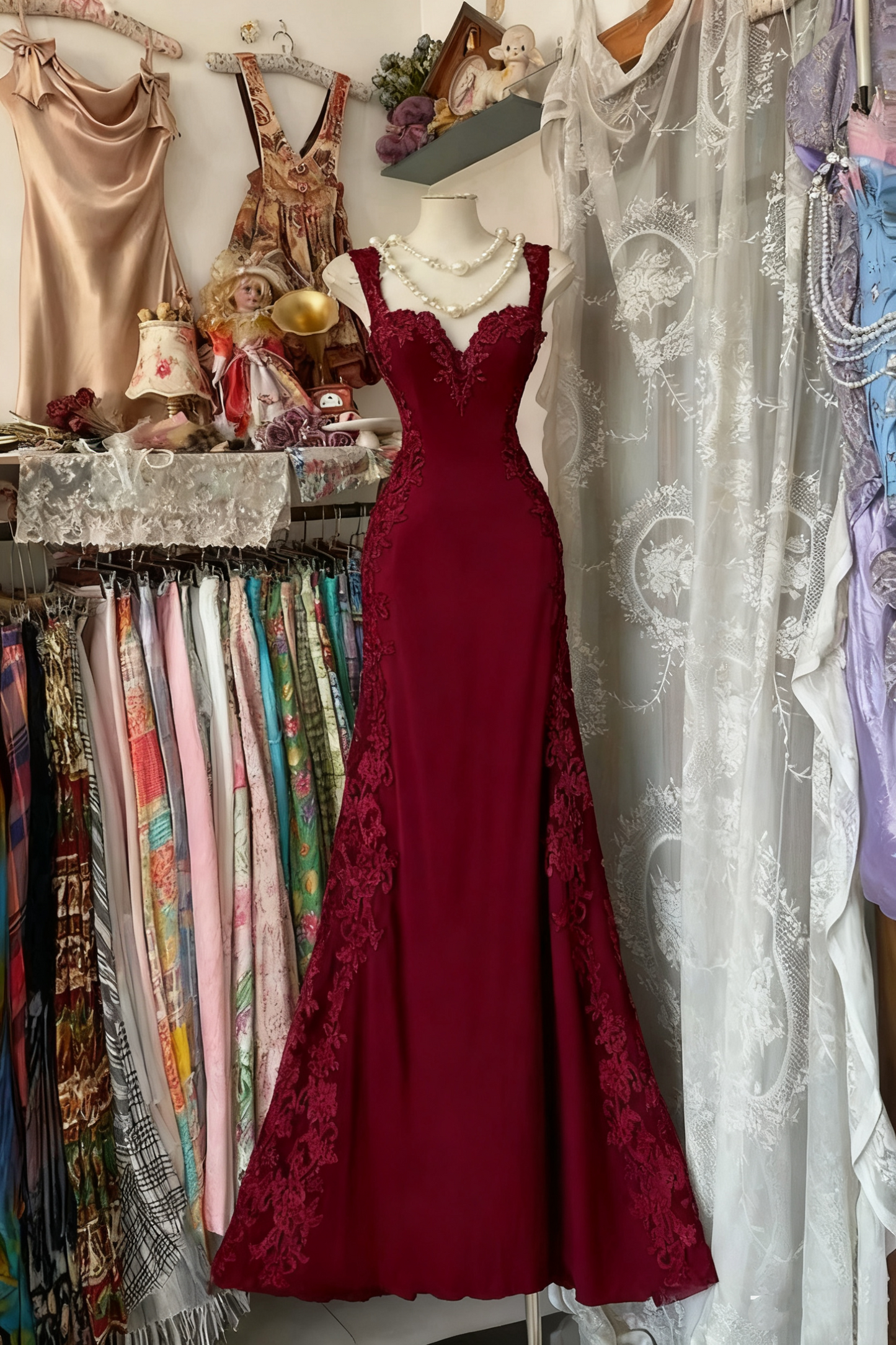 girlhomeshops- Vintage Lace Slim Shoulder Strap Long Birthday Dream Dress gh6208