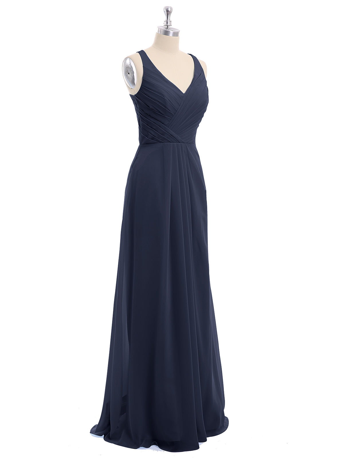 V-neck Chiffon Bridesmaid Dress with Open Back Dark Navy Plus Size