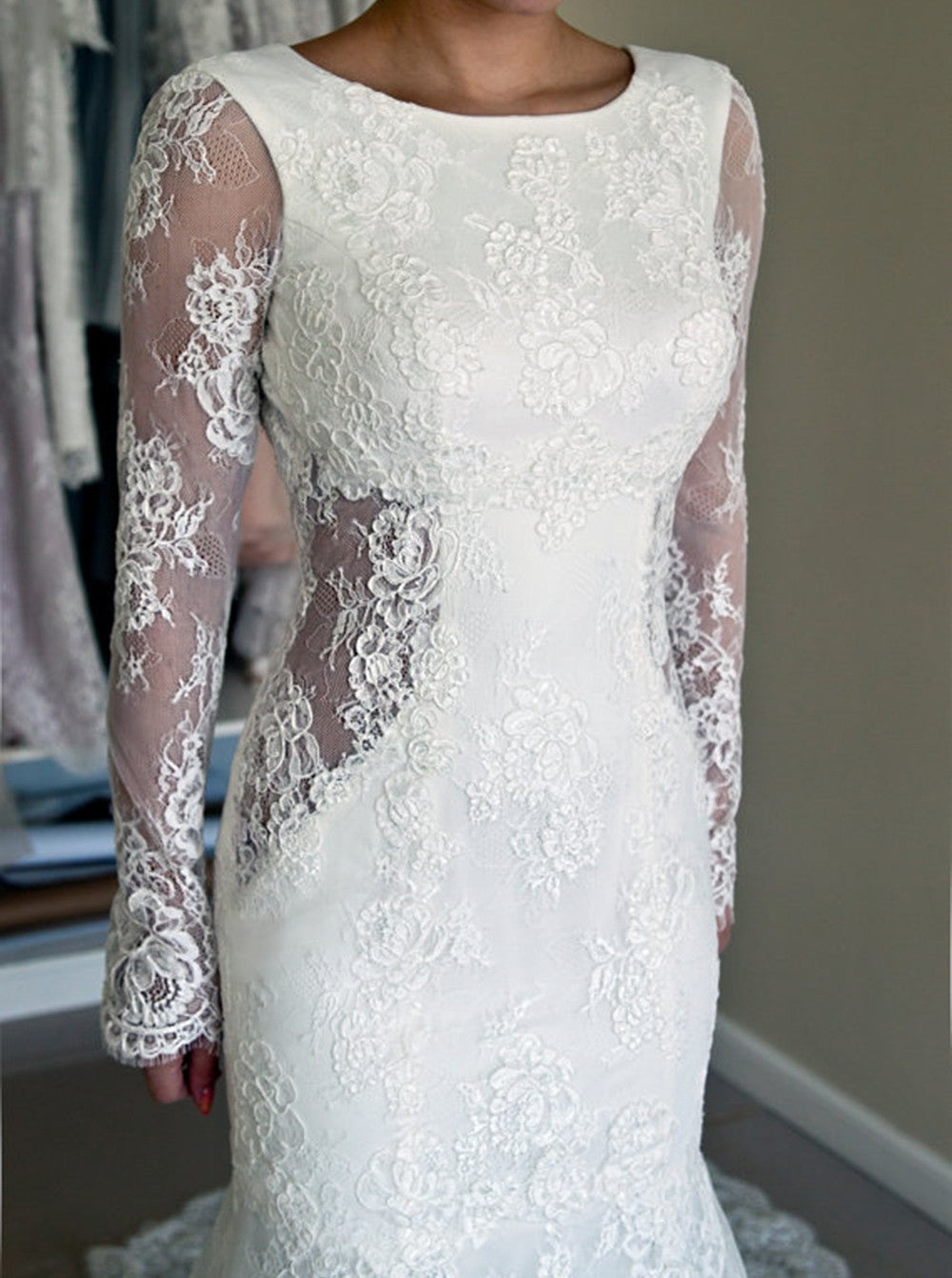 Lace Mermaid Backless Sweep Train Long Sleeve Wedding Dresses