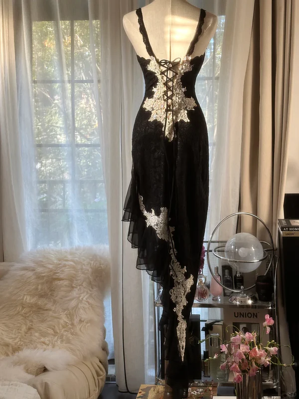 Classy Spaghetti Strap Black Lace Appliques Party Dress Prom Dress cc3023