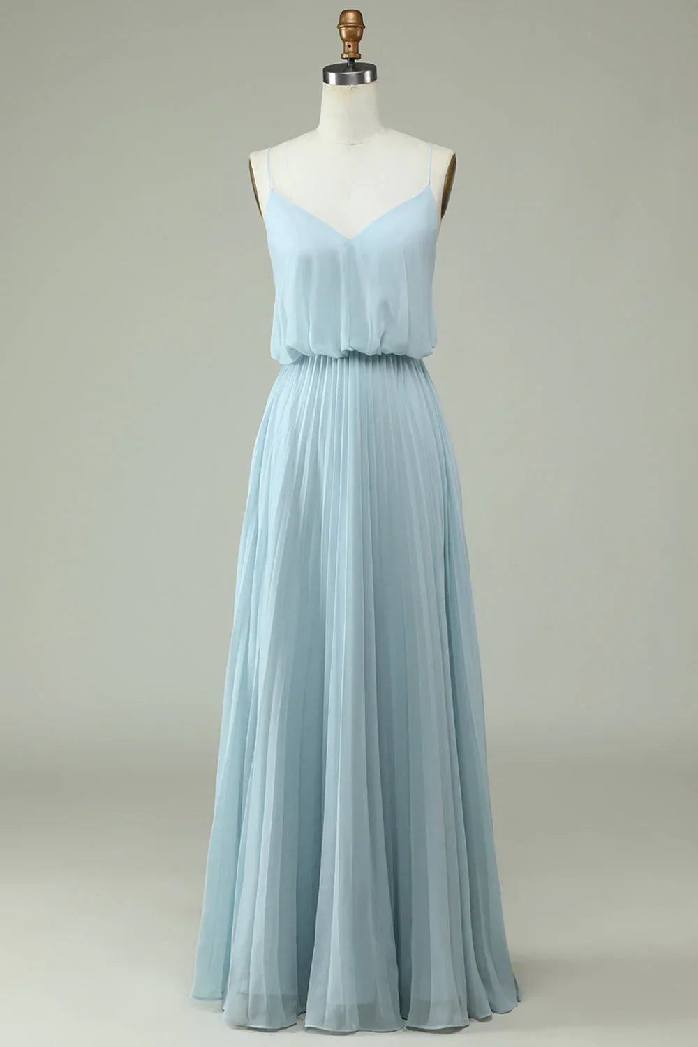 Chiffon thin shoulder strap sky blue long bridesmaid dress