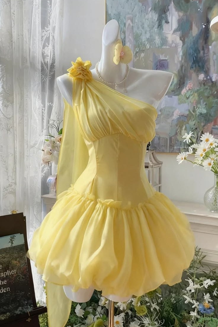 Yellow One Shoulder Mini Dress Corset Bubble Homecoming Dress