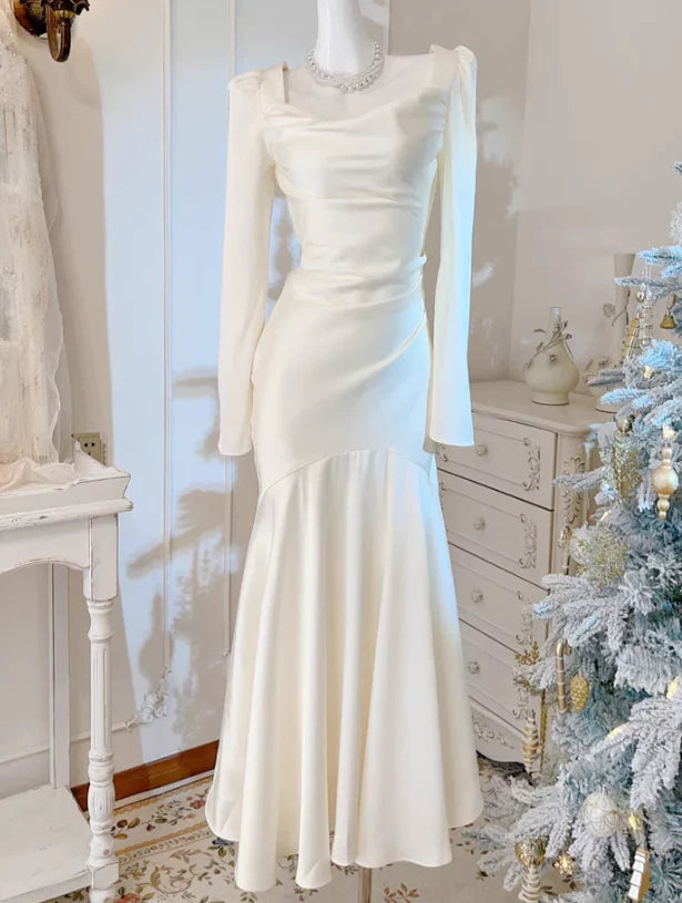 Aimishang Elegant Formal Dresses Gowns Evening Dresses Mermaid Ivory Long Prom Dress Long Sleeves Wedding Gown