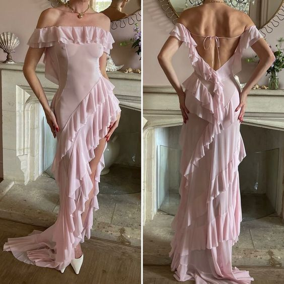 Sexy Pink Off Shoulder Chiffon Ruffles Party Dress Slit Prom Evening Gown cc2392