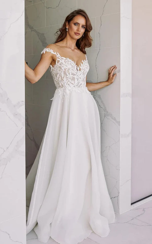 A-Line V-Neck Chiffon Floor Length Wedding Dress With Appliques Elegant