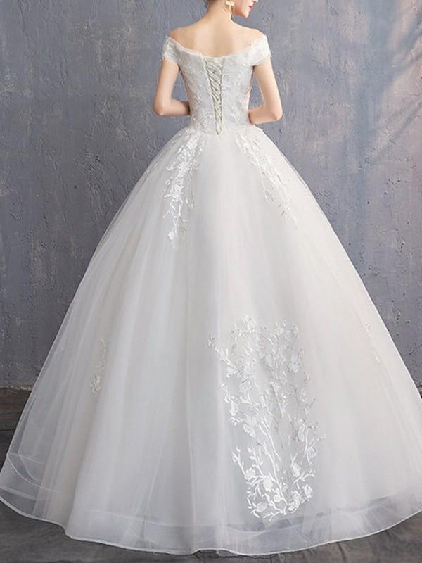 A-Line Wedding Dresses Off Shoulder Floor Length Tulle Cap Sleeve