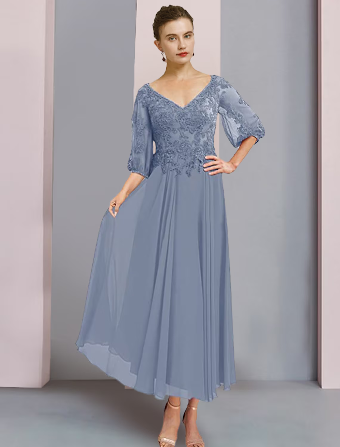 Two Piece A-Line Mother of the Bride Dress Formal Wedding Guest Elegant V Neck Chiffon Lace Sleeve Wrap Included with Pleats Appliques