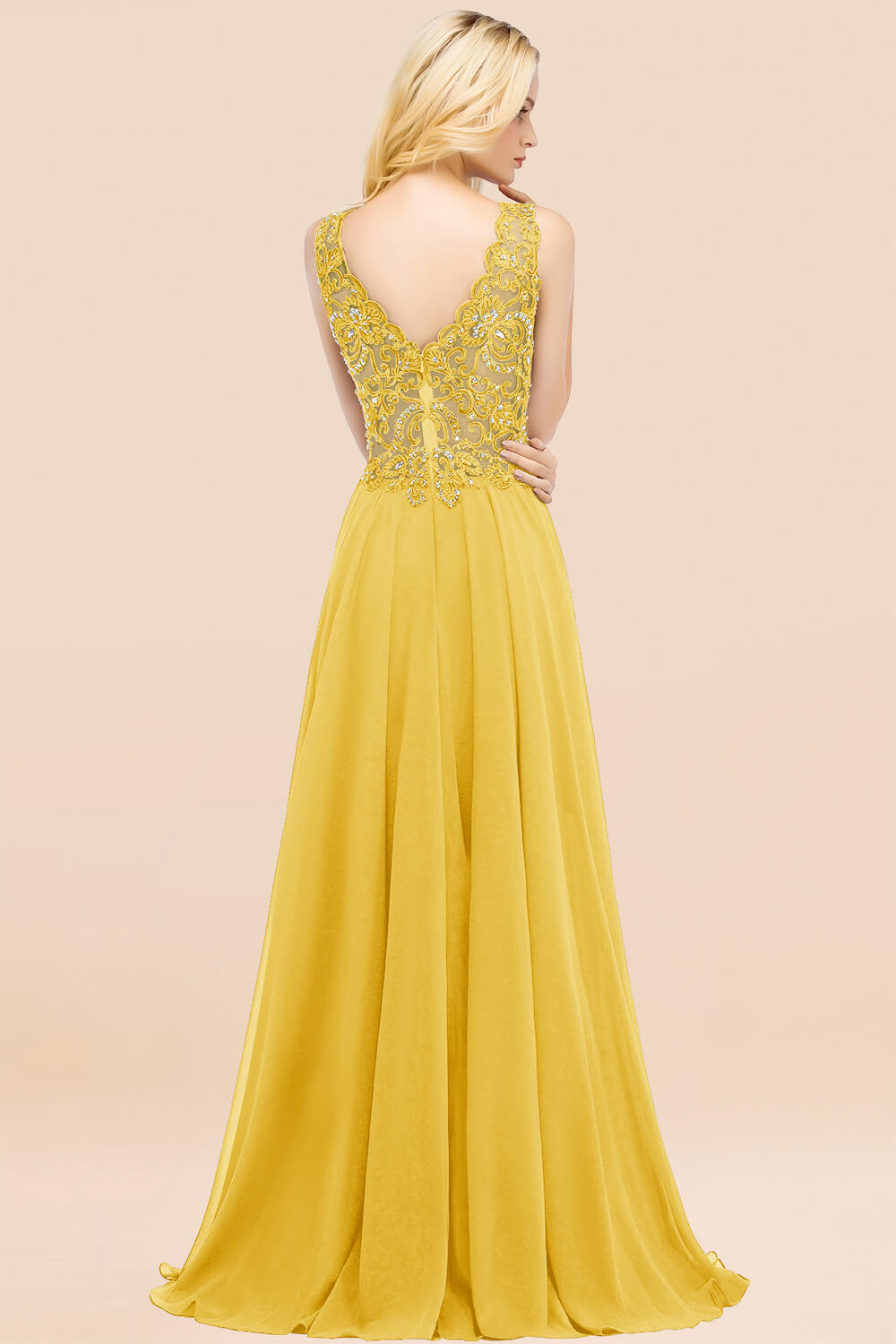 Elegant V-Neck Chiffon Aline Bridesmaid Dress Sleeveless Lace Beadings Wedding Guest Dress