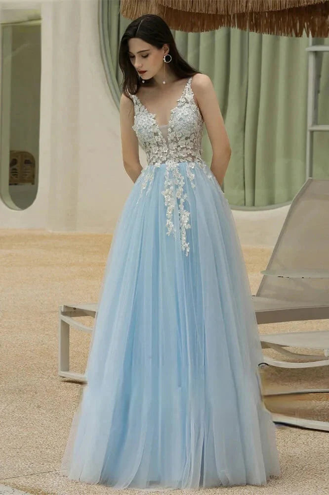 Amazing Sky Blue V-Neck Evening Party Gowns Tulle Long With Appliques