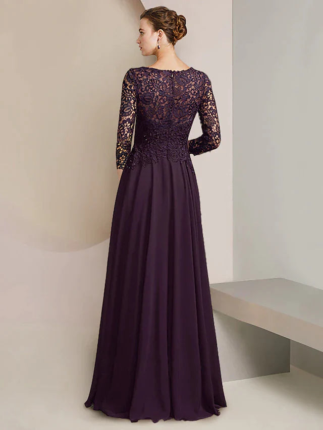 DingjiA-Line Mother of the Bride Dress Formal Elegant Scoop Neck Floor Length Chiffon Lace 3/4 Length Sleeve with Pleats Appliques